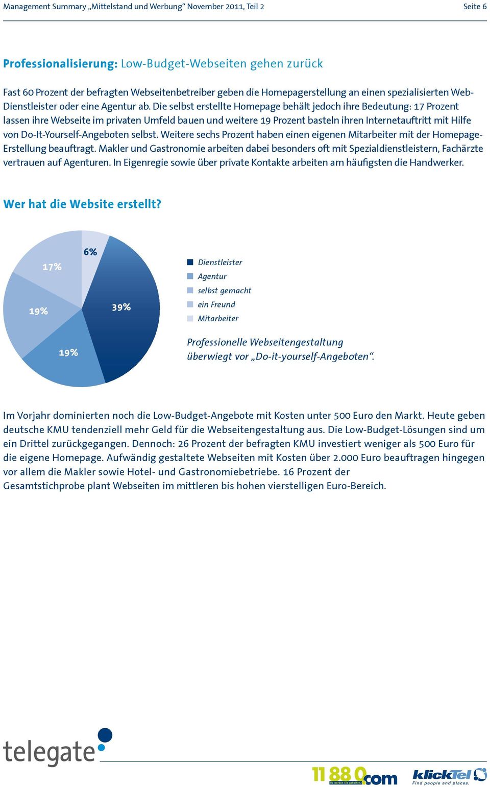 Die selbst erstellte Homepage behält jedoch ihre Bedeutung: 17 Prozent lassen ihre Webseite im privaten Umfeld bauen und weitere 19 Prozent basteln ihren Internetauftritt mit Hilfe von