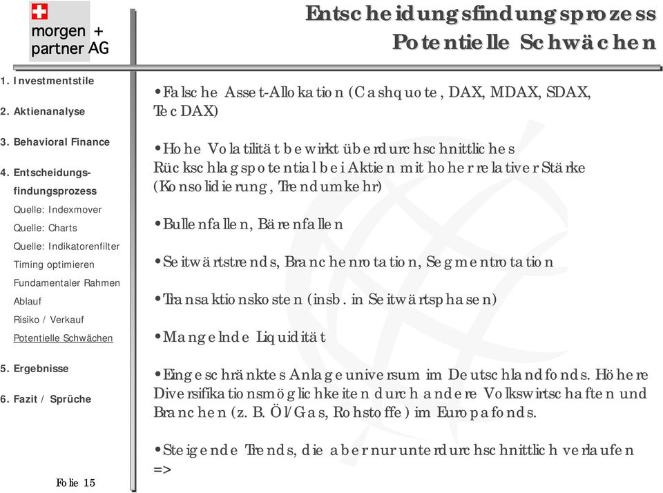 (Konsolidierung, Trendumkehr) Bullenfallen, Bärenfallen Seitwärtstrends, Branchenrotation, Segmentrotation Transaktionskosten (insb.