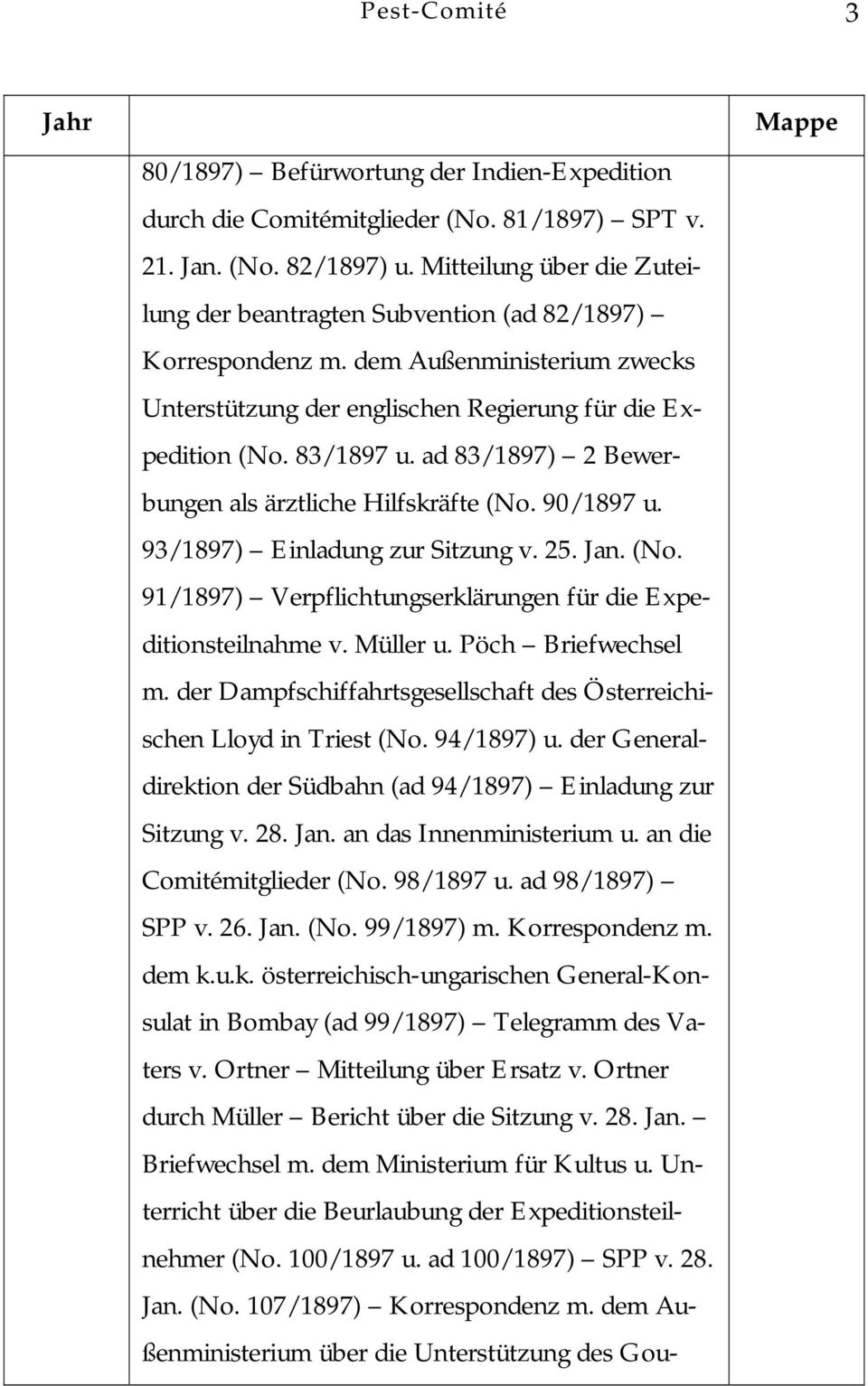 ad 83/1897) 2 Bewerbungen als ärztliche Hilfskräfte (No. 90/1897 u. 93/1897) Einladung zur Sitzung v. 25. Jan. (No. 91/1897) Verpflichtungserklärungen für die Expeditionsteilnahme v. Müller u.