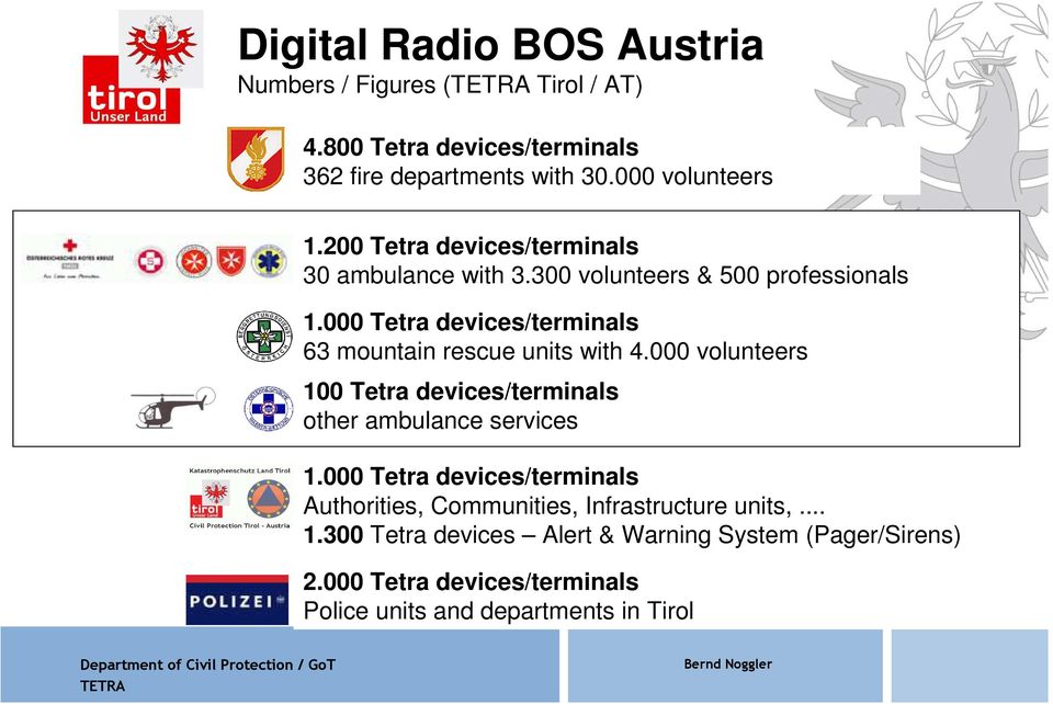 000 Tetra devices/terminals 63 mountain rescue units with 4.000 volunteers 100 Tetra devices/terminals other ambulance services 1.