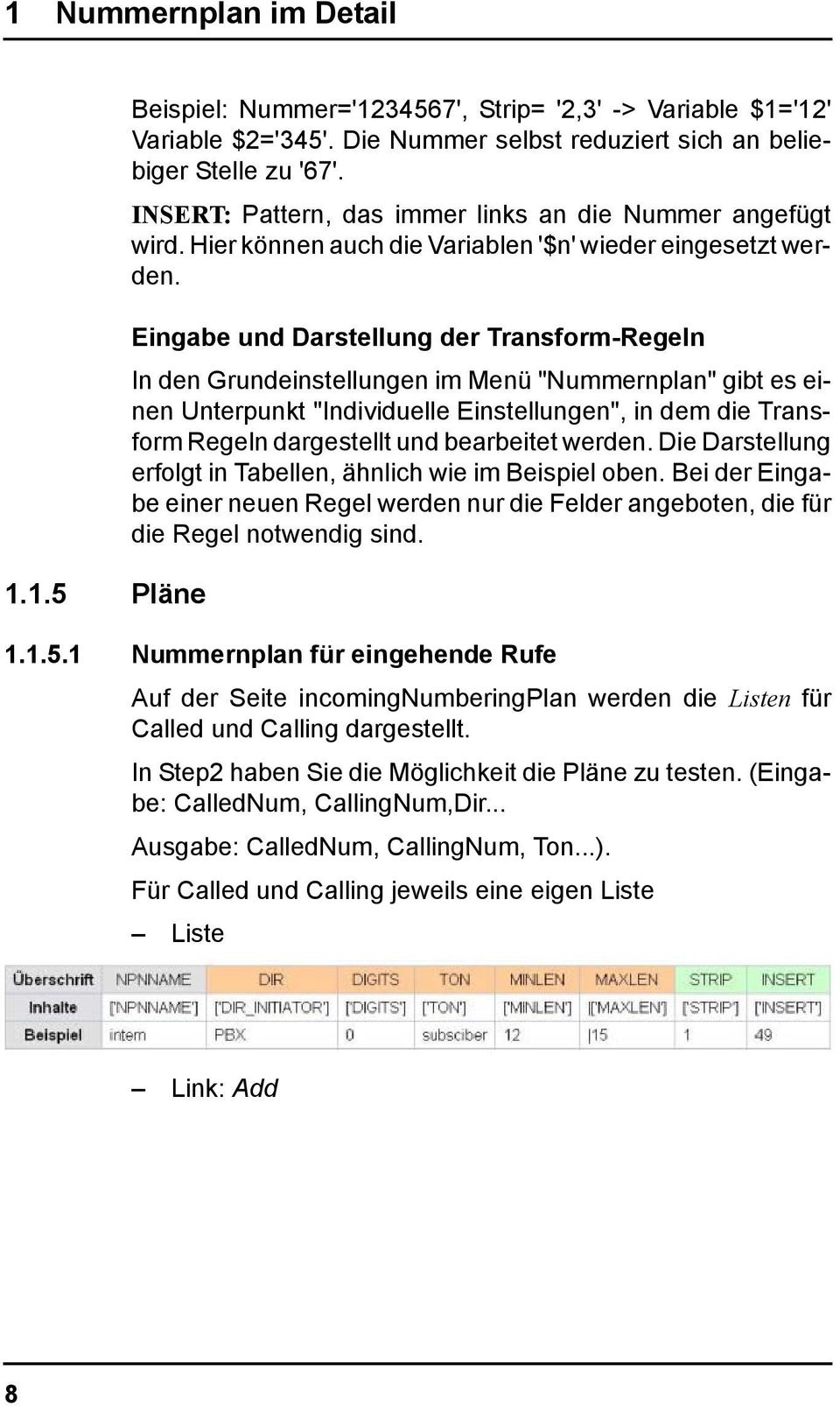 Eingabe und Darstellung der Transform-Regeln In den Grundeinstellungen im Menü "Nummernplan" gibt es einen Unterpunkt "Individuelle Einstellungen", in dem die Transform Regeln dargestellt und