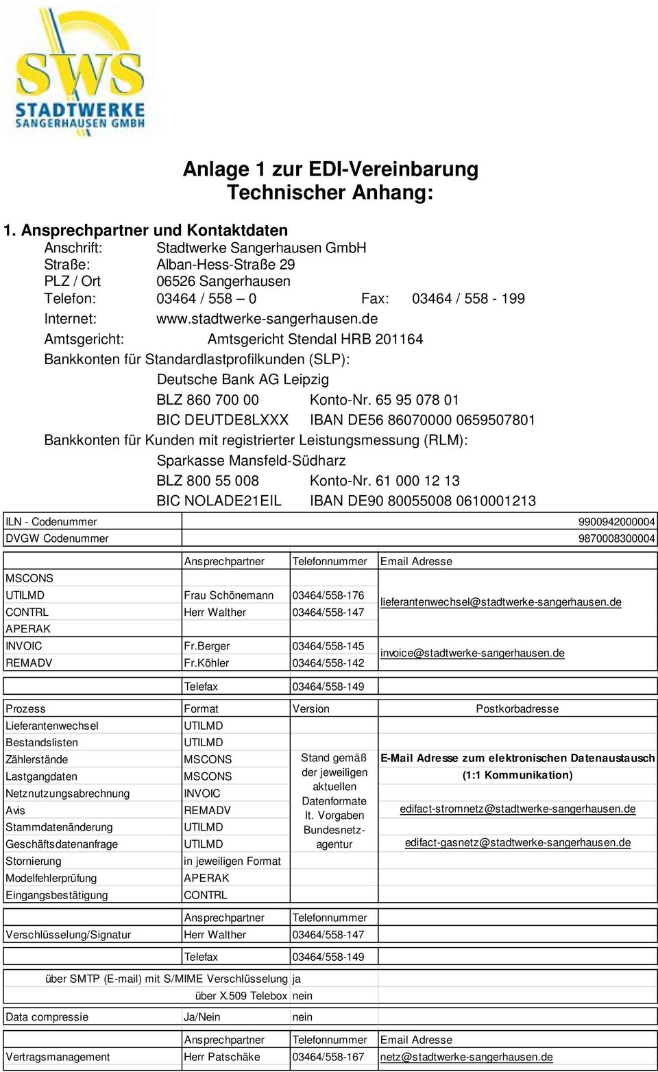 stadtwerke-sangerhausen.de Amtsgericht: Amtsgericht Stendal HRB 201164 Bankkonten für Standardlastprofilkunden (SLP): Deutsche Bank AG Leipzig BLZ 860 700 00 Konto-Nr.