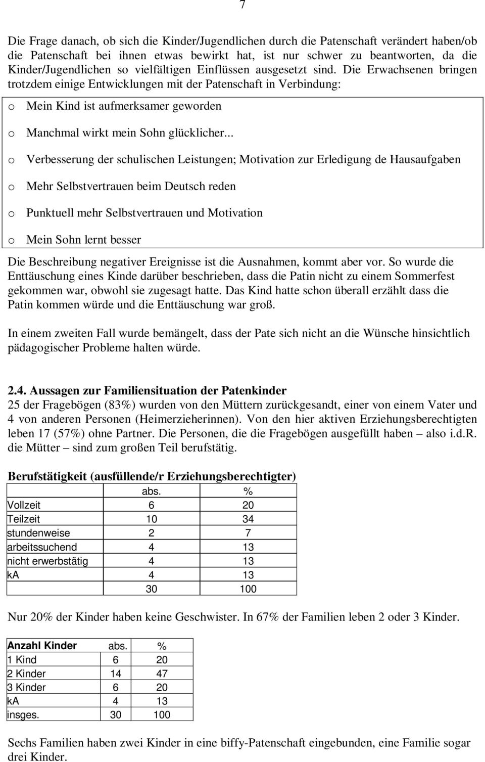 Die Erwachsenen bringen trotzdem einige Entwicklungen mit der Patenschaft in Verbindung: o Mein Kind ist aufmerksamer geworden o Manchmal wirkt mein Sohn glücklicher.