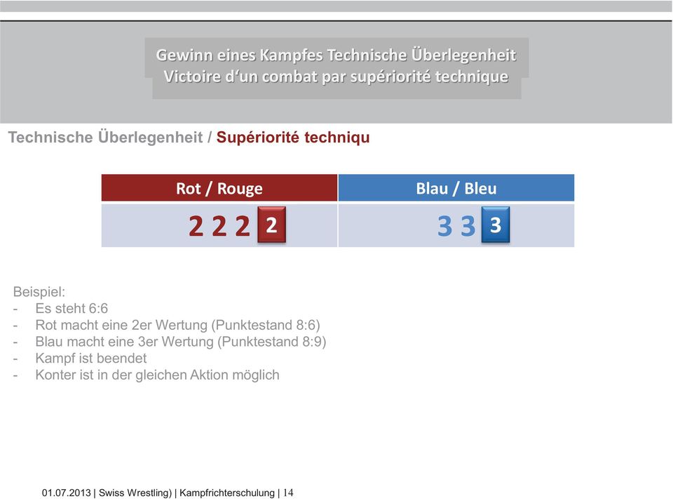Rot macht eine 2er Wertung (Punktestand 8:6) - Blau macht eine 3er Wertung (Punktestand 8:9) - Kampf