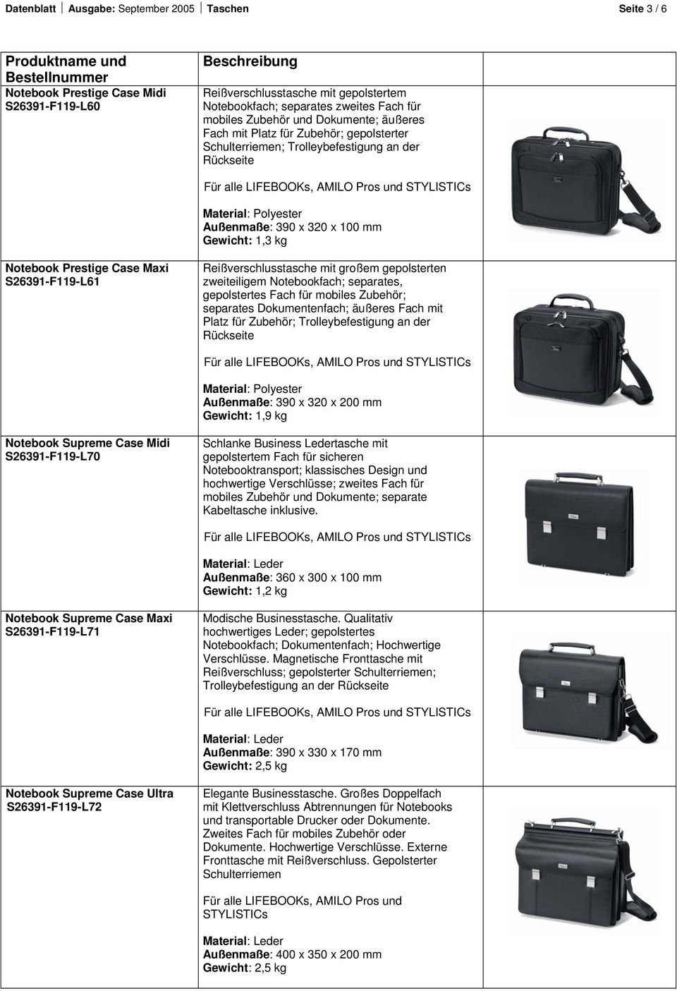 Notebook Prestige Case Maxi S26391-F119-L61 Reißverschlusstasche mit großem gepolsterten zweiteiligem Notebookfach; separates, gepolstertes Fach für mobiles Zubehör; separates Dokumentenfach; äußeres