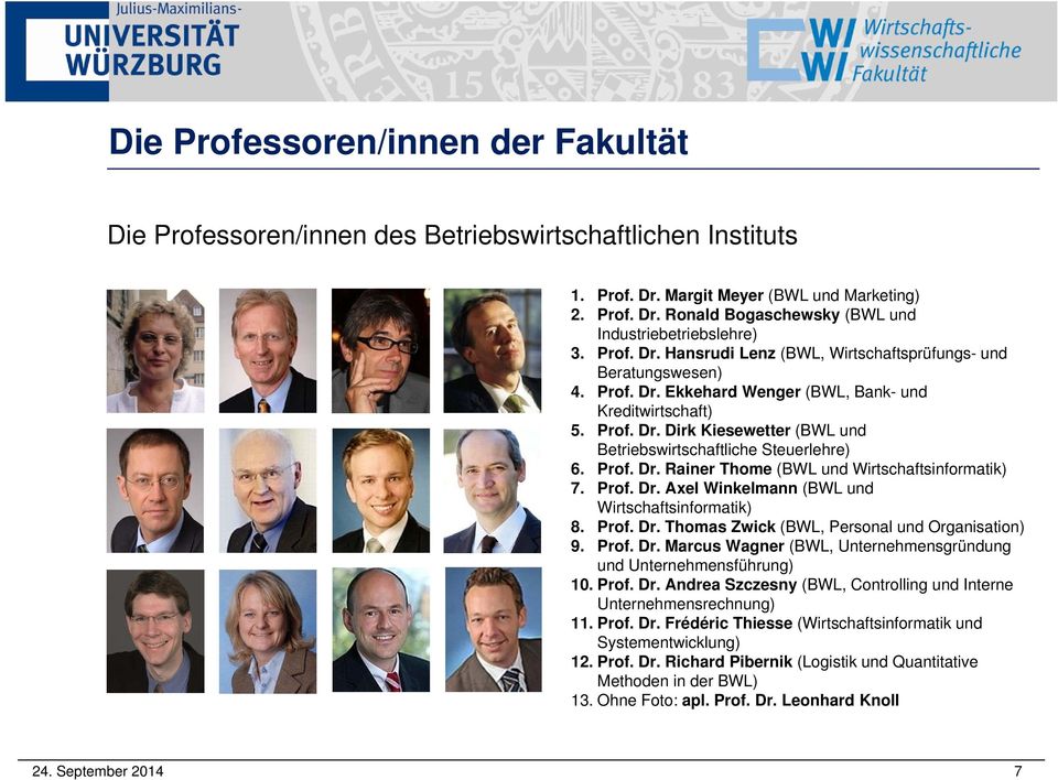 Prof. Dr. Rainer Thome (BWL und Wirtschaftsinformatik) 7. Prof. Dr. Axel Winkelmann (BWL und Wirtschaftsinformatik) 8. Prof. Dr. Thomas Zwick (BWL, Personal und Organisation) 9. Prof. Dr. Marcus Wagner (BWL, Unternehmensgründung und Unternehmensführung) 10.