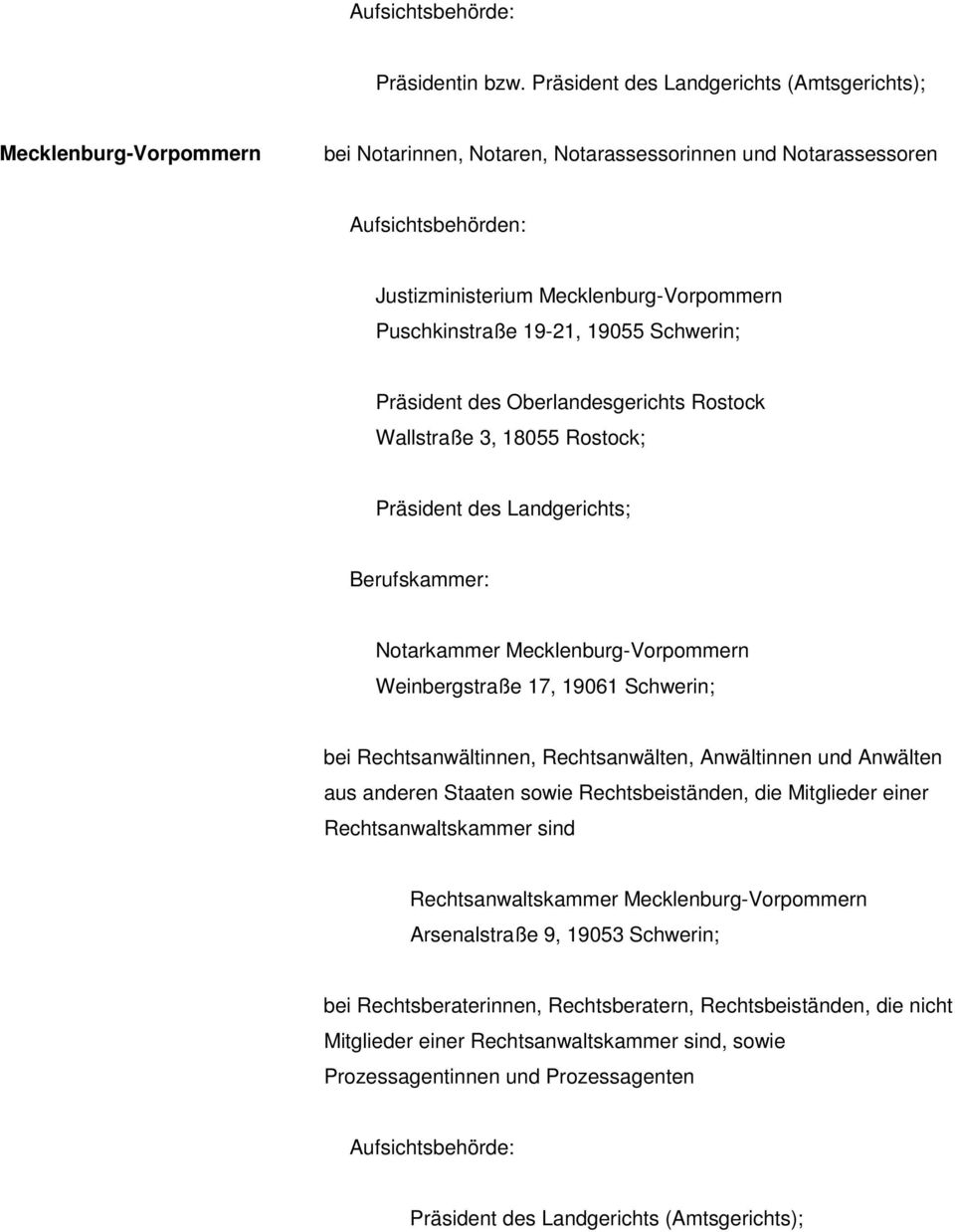 Schwerin; Präsident des Oberlandesgerichts Rostock Wallstraße 3, 18055 Rostock; Präsident des Landgerichts; Berufskammer: Notarkammer Mecklenburg-Vorpommern Weinbergstraße 17, 19061 Schwerin; bei