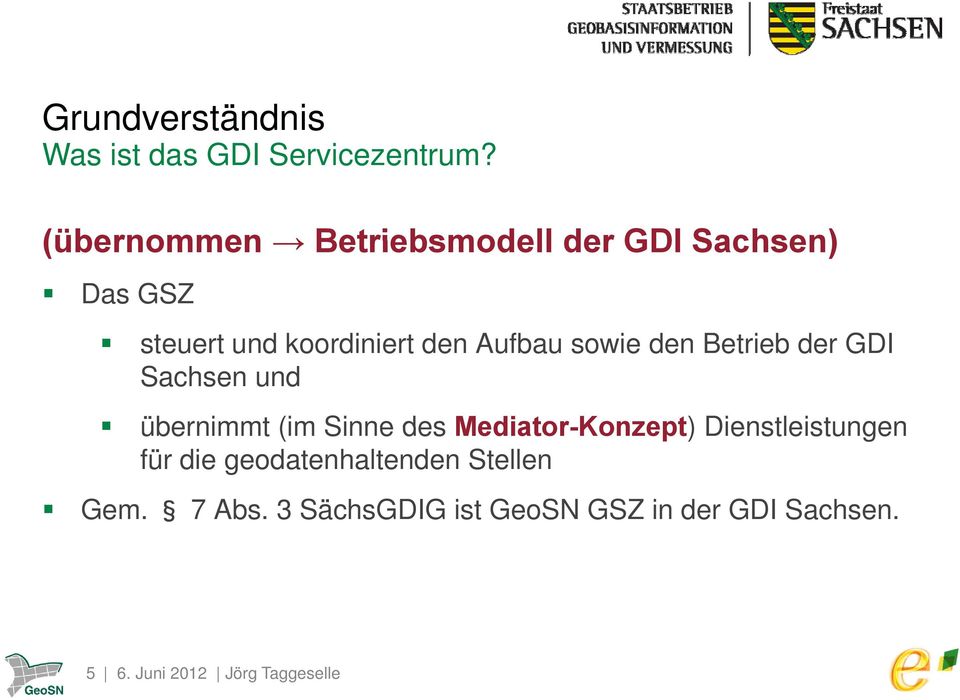 Aufbau sowie den Betrieb der GDI Sachsen und übernimmt (im Sinne des Mediator-Konzept)