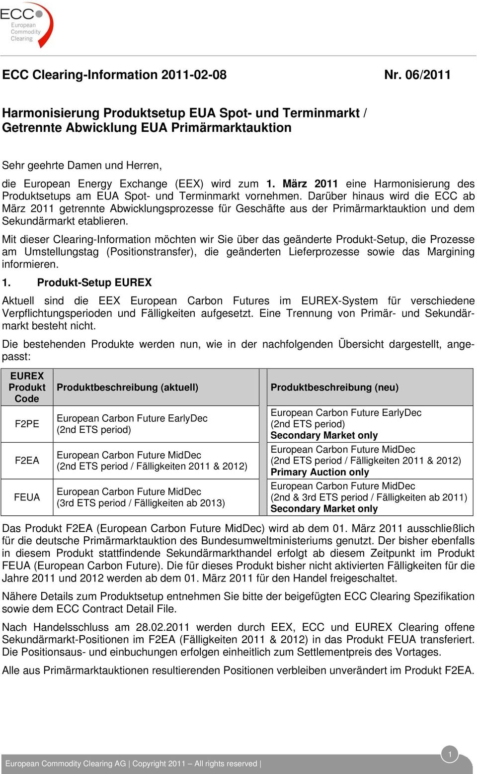 März 2011 eine Harmonisierung des Produktsetups am EUA Spot- und Terminmarkt vornehmen.