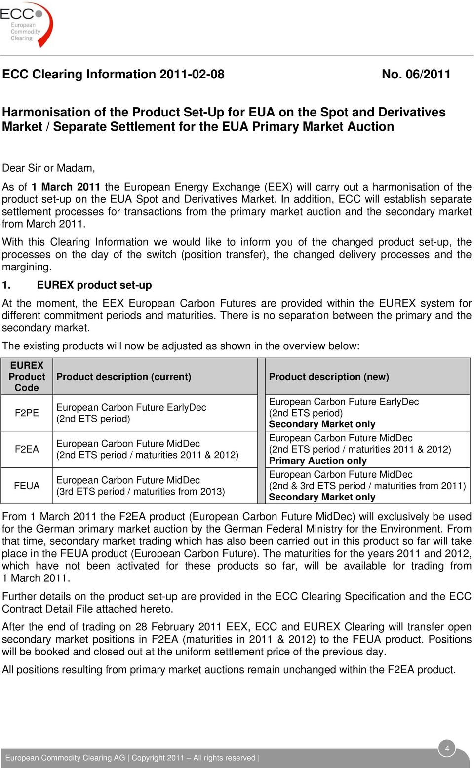 (EEX) will carry out a harmonisation of the product set-up on the EUA Spot and Derivatives Market.