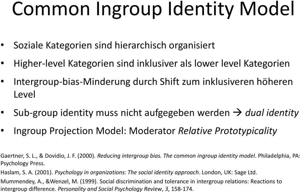 Reducing intergroup bias. The common ingroup identity model. Philadelphia, PA: Psychology Press. Haslam, S. A. (2001). Psychology in organizations: The social identity approach.
