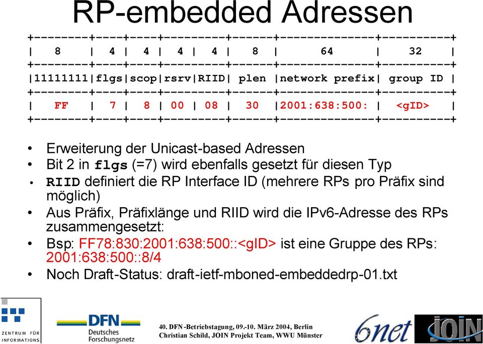 +--------+----+----+---------+------+--------------+----------+ Erweiterung der Unicast-based Adressen Bit 2 in flgs (=7) wird ebenfalls gesetzt für diesen Typ RIID definiert die RP Interface