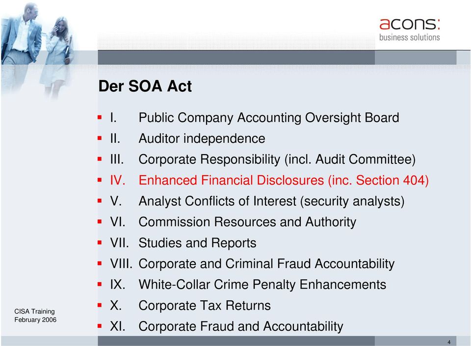Analyst Conflicts of Interest (security analysts) VI. Commission Resources and Authority VII.