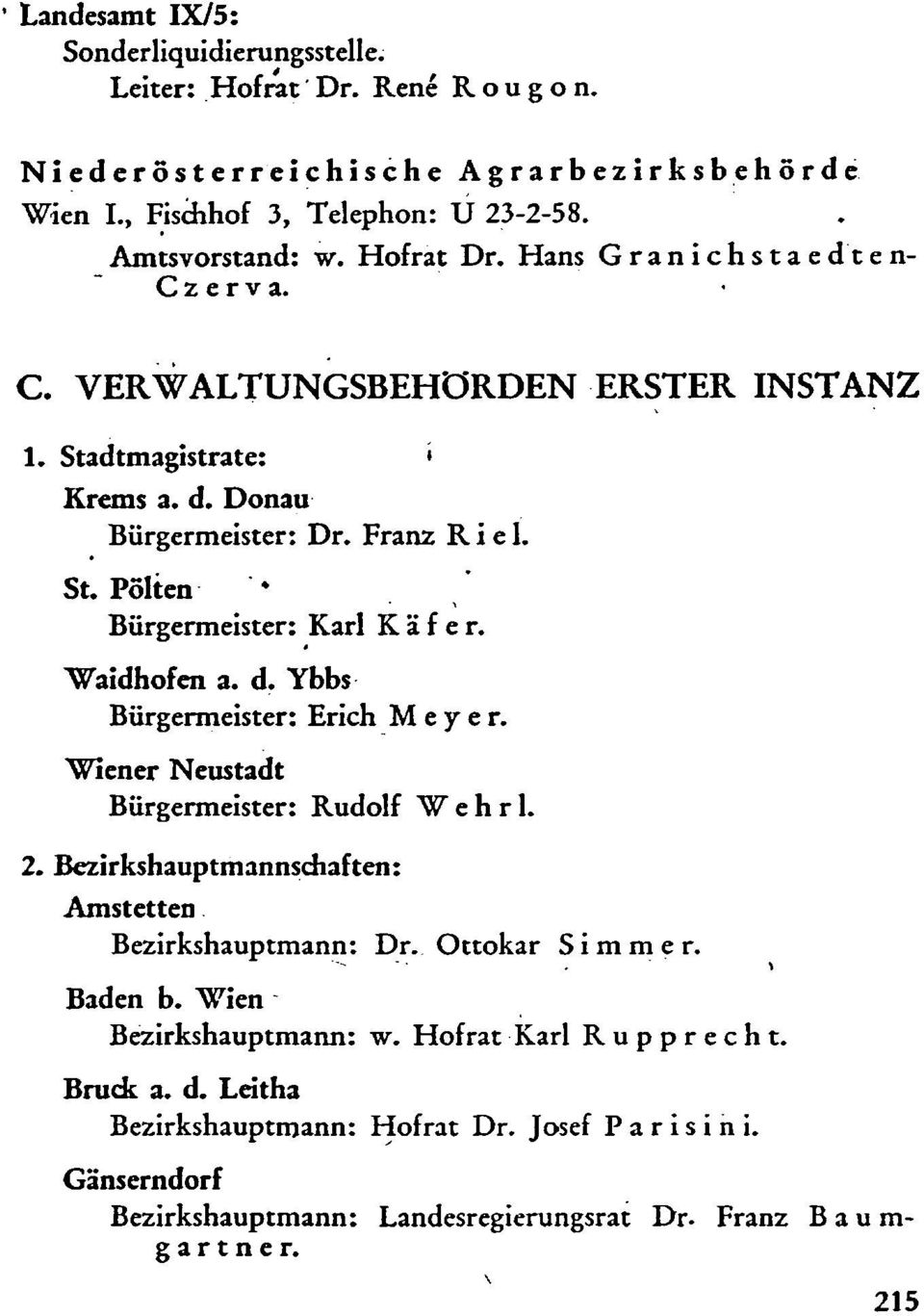 Bürgermeister: Karl K ä f e r. Waidhofen a. d. Ybbsv Bürgermeister: ErichM e y e r. Wiener Neustadt Bürgermeister: Rudolf W e h r l. 2. Bezirkshauptmannschaften: Amstetten.