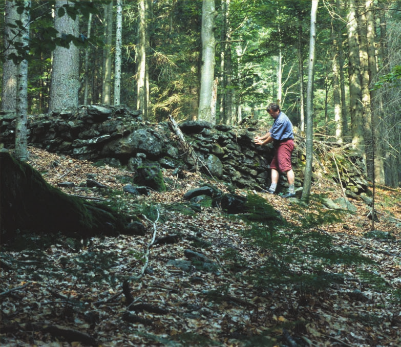 Die Steinmauern an der Südseite der Keramikbrennhütte waren das einzige, was bei der Entdeckung aus dem Waldboden herausragte. Fachleute am Werk: Der Geologe Dr.