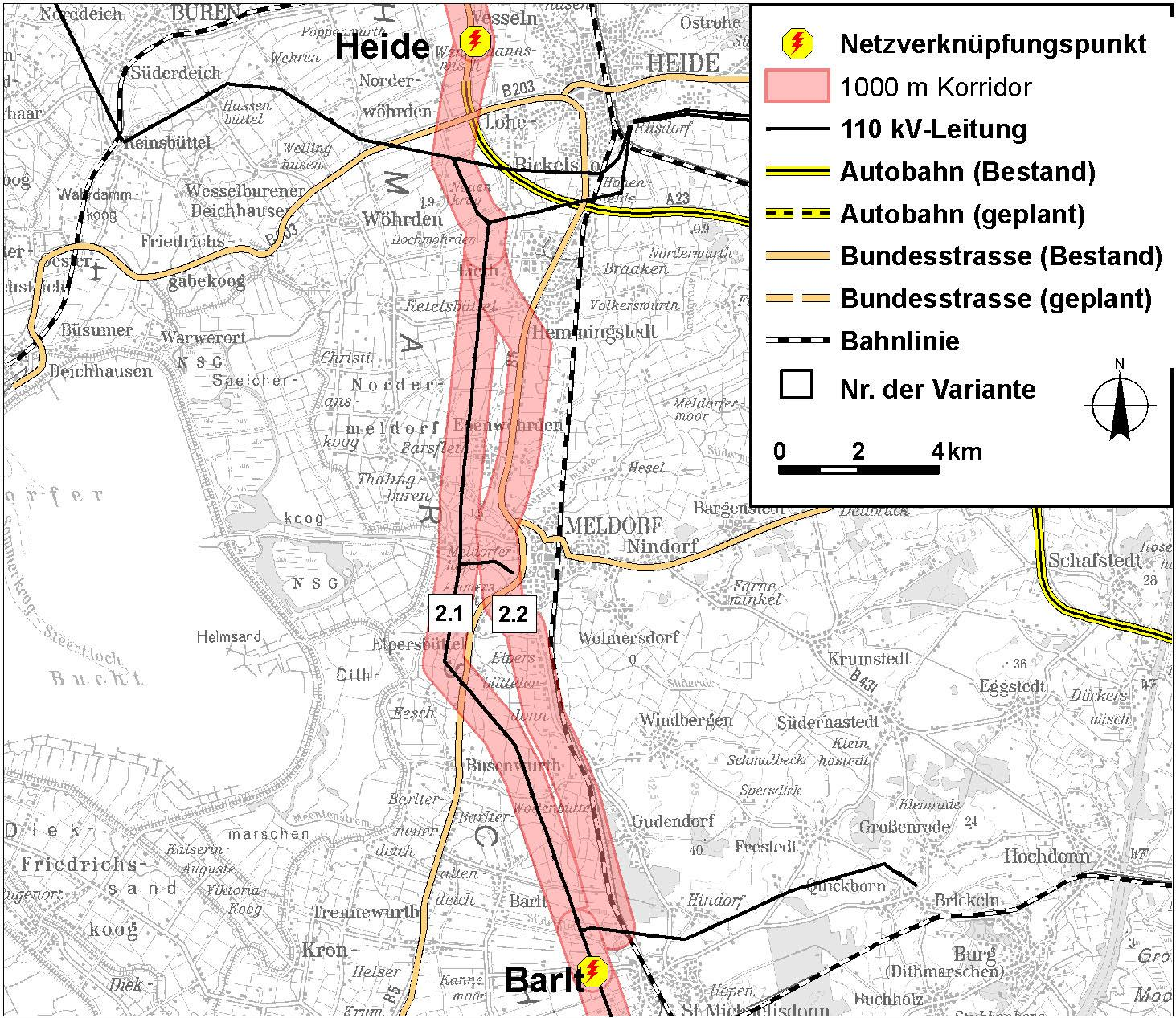 Abschnitt 2 Barlt Heide Zwei alternative Korridore Die westliche Variante K2.1 weist geringere Konfliktpotenziale als die weiter östlich verlaufende K2.2 auf, v.a. in Bezug auf Siedlungen und das Landschaftsbild.