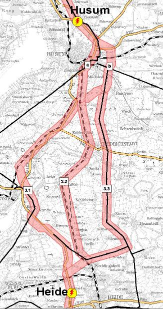 Abschnitt 3 Heide-Husum sehr empfindlicher Raum, daher 5 alternative Korridore (in Dithmarschen: 3 Korridore) Die östliche Variante 3.3 ist bei allen Kriterien die Konfliktärmste.