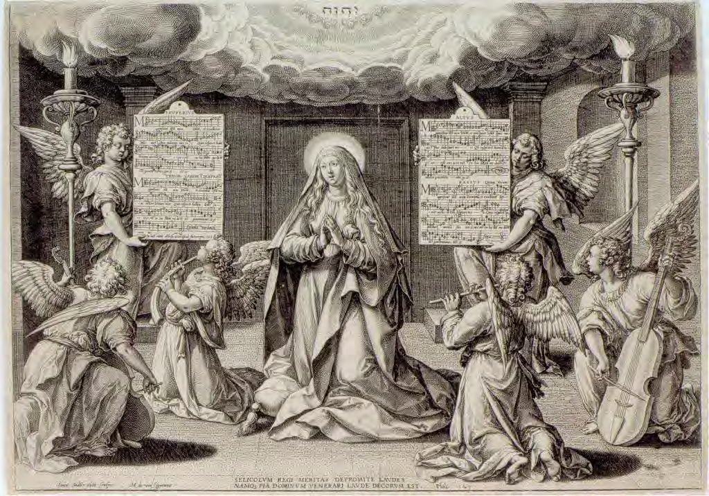 Abbildung: Joan Sadler: Verdoncks Magnificat, Anterpen, 1585, Stich nach Marten de Vos (Original im 2.