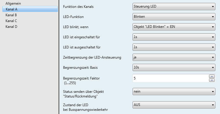 Parameterfenster bei LED-Funktion = Blinken : LED blinkt, wenn LED ist eingeschaltet für LED ist ausgeschaltet für Zeitbegrenzung der LED-Ansteuerung Begrenzungszeit: Basis Begrenzungszeit Faktor [1