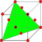 Figure : Skizze einer fcc-gitterstruktur. Die () Ebene ist in grün eingetrgen. Die roten Punkte stellen Gittertome dr.