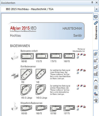 Handbuch Gebäudemodell mit Allplan IBD erstellen (Hochbau) 109 2 Wählen Sie ein Symbol aus einer der Badplanungsdateien aus, und setzen Sie es in der Zeichenfläche ab.