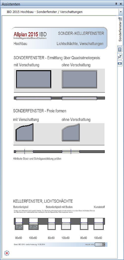 Handbuch Gebäudemodell mit Allplan IBD erstellen (Hochbau) 71 Sonderfenster, Kellerfenster Sonderfenster eignen sich besonders für große Fenstergrößen, die nicht von den Standardfenstern in den
