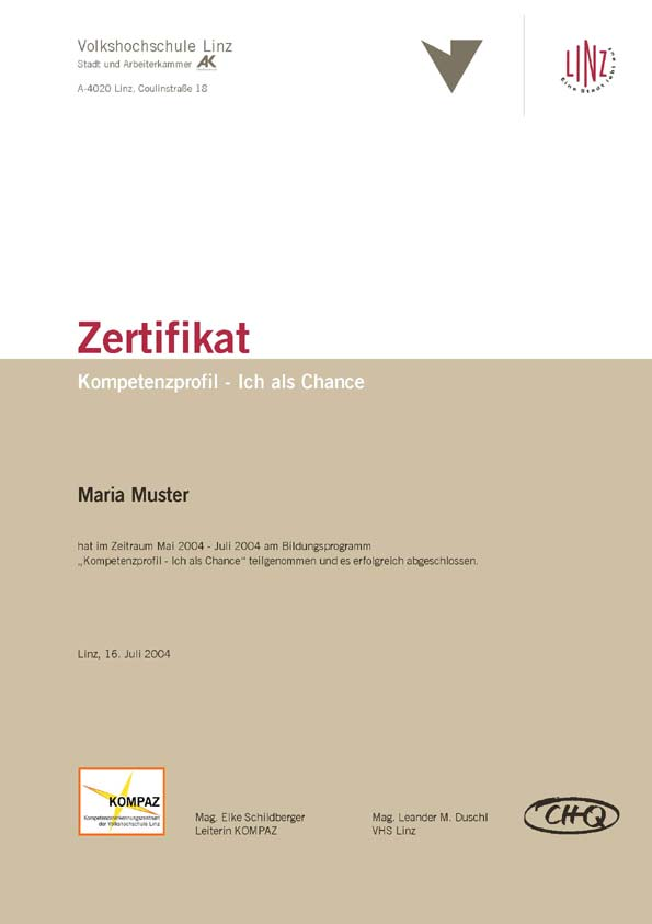 Ergebnisse Modul 1: Selbstmanagement von Kompetenzen Portfolio Zertifikat (Bestätigung über Fähigkeit zum Kompetenzmanagement) schriftliche