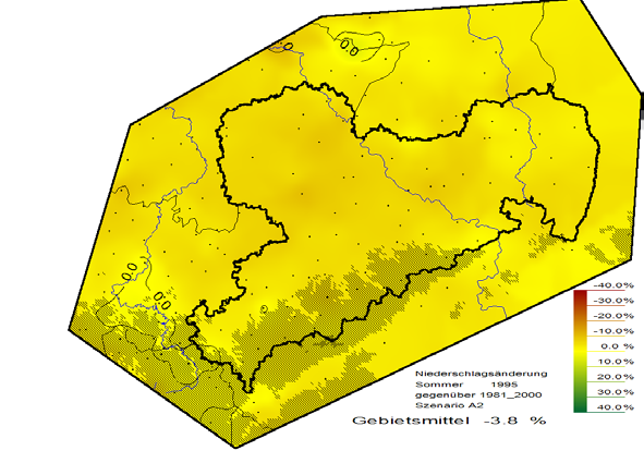 Prozentuale Änderung der Niederschlagsmenge bis 2100 in Sachsen (Sommermonate) 2001-2010 2031-2040 -3.8% 8.