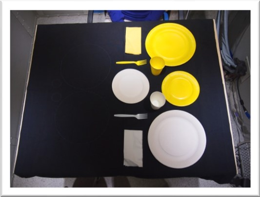dem Tisch wurde ein gelbes Set für den Probanden und ein weißes Set für den Versuchsleiter platziert. Zu Beginn lag das Set in der Ausgangsposition aufgeräumt als Stapel vor (siehe Abb. 2).