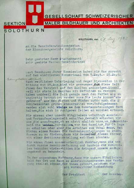 Bild 5 Brief an den Gemeinderat von Solothurn aus dem Jahr 1932 Als aus den 40er Jahren herausragendes Unterfangen kann sicher die «während der Kriegszeit realisierte Ausschmückung der neuen