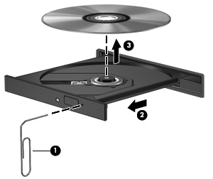 3. Nehmen Sie die Disc (3) aus dem Medienfach, indem Sie die Spindel behutsam nach unten drücken, während Sie die Disc am Rand nach oben ziehen.
