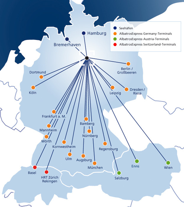 Transfracht ist der größte Operateur von/zu den deutschen Seehäfen Gegründet: 1969, Frankfurt am Main Produkt: Maritimer Kombinierter Verkehr Verbindung der deutschen Seehäfen mit allen wichtigen