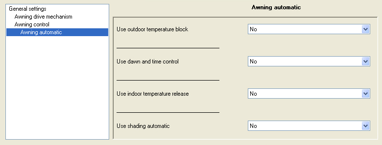 Awning automatic EN Under Automatic mode the setting Internal automatic mode was selected for Awning control.