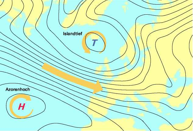 Höhenwetterkarte vom 26.12.1999 Die Karte zeigt die Druckverteilung in etwa 5 km Höhe - je enger die Linien gleichen Druckes beieinander liegen, desto höher die Windgeschwindigkeit.