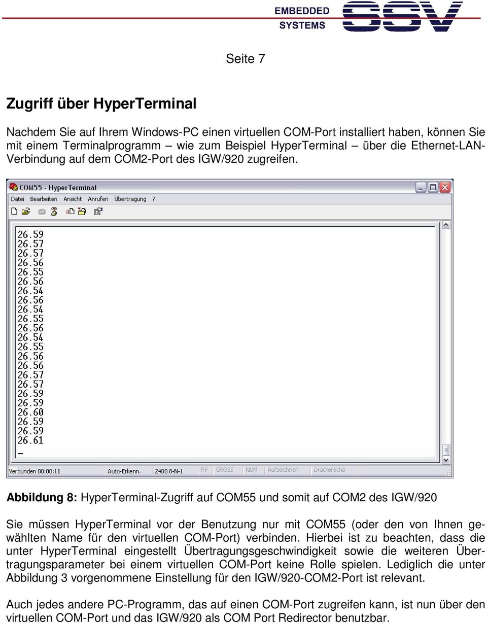Abbildung 8: HyperTerminal-Zugriff auf COM55 und somit auf COM2 des IGW/920 Sie müssen HyperTerminal vor der Benutzung nur mit COM55 (oder den von Ihnen gewählten Name für den virtuellen COM-Port)
