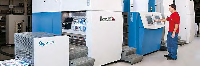KBA RotaJET 76 Düsen auf Basis der Piezo-Technologie (DoD) Tropfengrößen variabel 112 Druckköpfe für 4 Farben 1000 Düsen sind in 2 Reihen von je 500 Düsen angeordnet Native