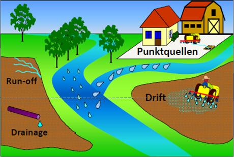 Haupteintragspfade ins Oberflächenwasser Abdrift: 5 % Run-off: 35 % Punktquellen: