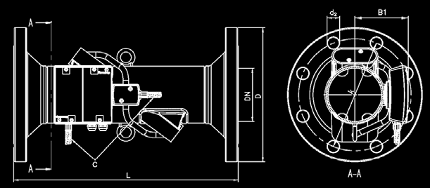 Technische Daten ULTRAFLOW 54 Ultraschall-Volumenzähler Nenndurchmesser [mm] PN [bar] Nenndurchfluss q p [m³/h] L [mm] D [mm] k [mm] Anzahl Bolzen Gewinde [mm] B1 [mm] E [mm] tahlschlauch Länge C