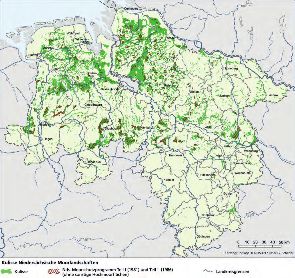 5 Kulisse der Niedersächsischen Moorlandschaften Für die Entwicklung und Umsetzung von Maßnahmen für den Moor- und Klimaschutz ist die Kenntnis über die Verbreitung von Standorten mit hohem