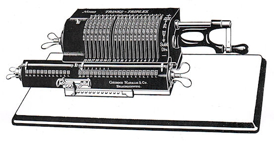 Brunsviga Modelle bis 1920 11 Trinks- Multiplex Trinks- Triplex MDII (8 + 8) x 20 x 12, Vierspeziesmaschine mit langen feststehenden Einstellhebeln, ZÜ im RW teilbar, UZW mit ZÜ.