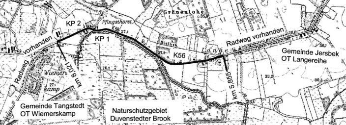 PGV Schutzstreifen außerorts Phase I 31 Reserve Landkreis Stormarn Straße K 56 Langereihe - Wiemerskamp Streckenkürzel OD1 Streckenlänge (in m) 2166 V zul (Bestand/geplant) 100, z. T.