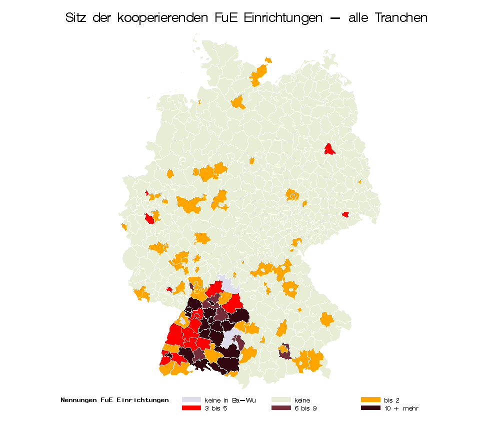 Regionale Verteilung der F&E-Einrichtungen Die meisten beauftragten F&E- Einrichtungen kamen aus dem Großraum Stuttgart und Karlsruhe, aus dem Südosten des