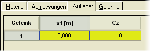 BEB Auflager In der Tabelle der Auflager ist die Stelle x [m] und ggf. die Federkonstante einzugeben. Starre Lagerung Eingabe von "-1" in der Spalte für Cz bewirkt starre Lagerung.