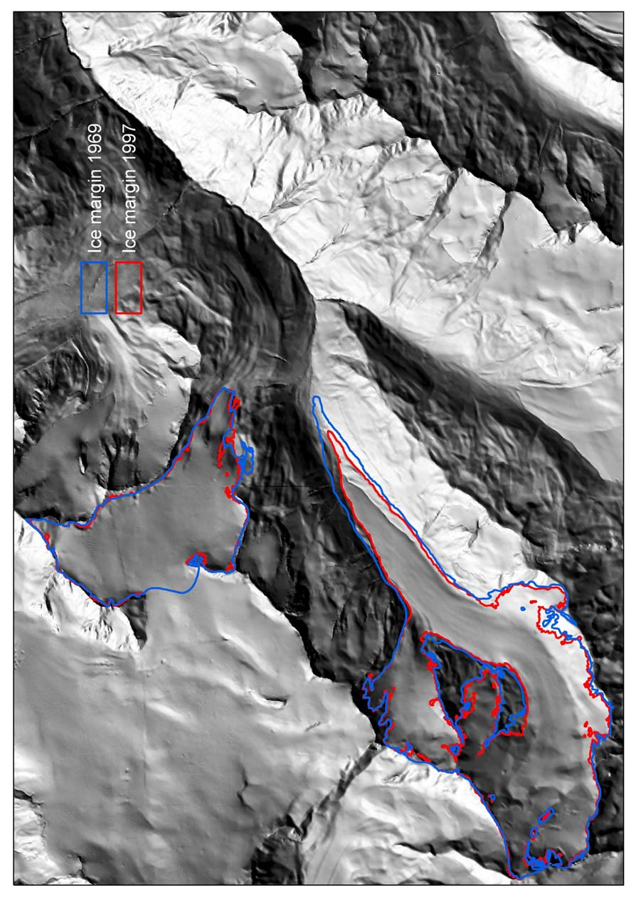 Abb.. Schräg beleuchtetes Geländemodell der beiden Gletscher 997, mit