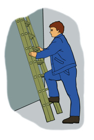 4. Der Umgang mit Leitern Die oberste Sprosse oder Stufe einer Stehleiter darf nur bestiegen werden, wenn sie dafür geeignet ist z. B. bei einer Stehleiter mit Sicherheitsbrücke.