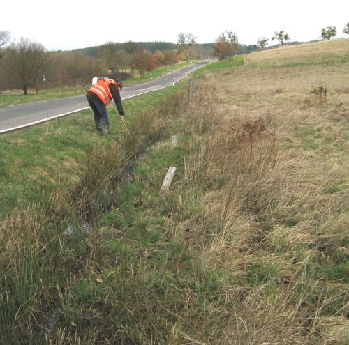 A) flache, wassergefüllte Senke (überschwemmte Wiesenbrache) im Südwesten des Plangebiets, B) Straßenseitengraben im südlichen Teil; hier fließt das Wasser deutlich langsamer als weiter nördlich.