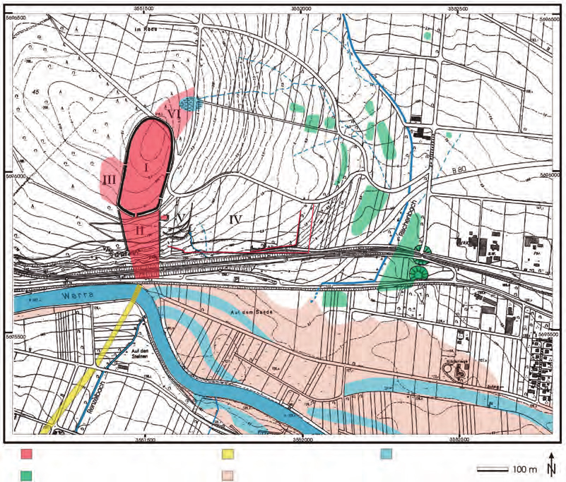 Abb. 2 Gesamtplan des römischen Militärlagers Hedemünden (Lkr. Göttingen) mit seinen Teilbereichen I-VI. (Nach Grote 2012, Abb. 12).