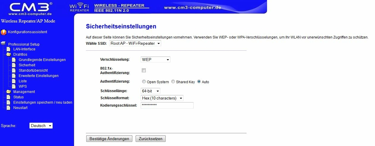 WLAN Sicherheit Klicken Sie im Navigationsmenü auf Drahtlos Sicherheit, um die Sicherheitseinstellungen zu öffnen.