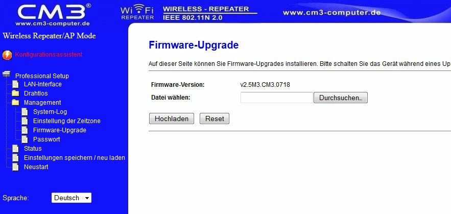 Firmewareupdate Klicken Sie im Navigationsmenü auf Management Firmware-Upgrade 1 2 1 Durchsuchen und Pfad der abgespeicherten Firmeware wählen.