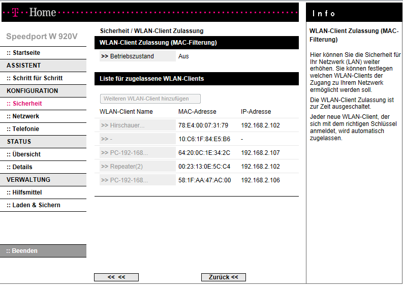 Konfiguration mit Speeport Produkten der Telekom: Deaktivieren Sie die WLAN